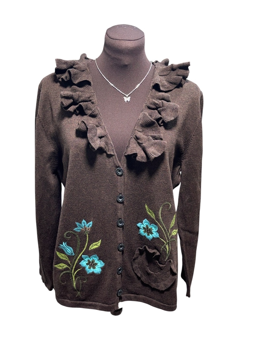 Y2K Timberlea Womens Brown Floral Embroidered Cardigan XL Boho Cottagecore